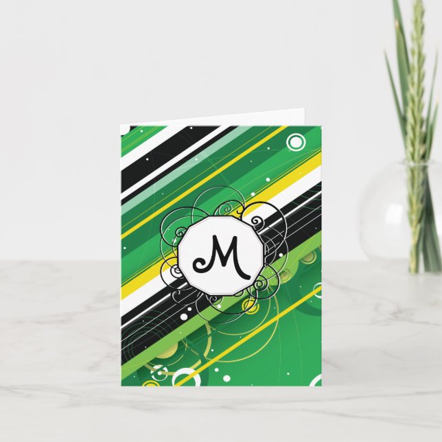 Spring Green Modern-Retro Stripes with Monogram Note Card (Front)