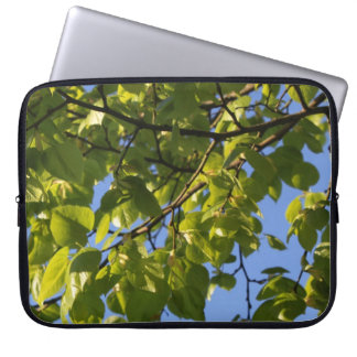 Spring green tree leaves in blue sky. laptop sleeve