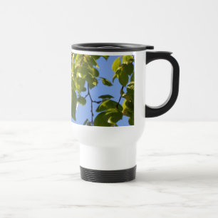 Spring green tree leaves in blue sky. travel mug