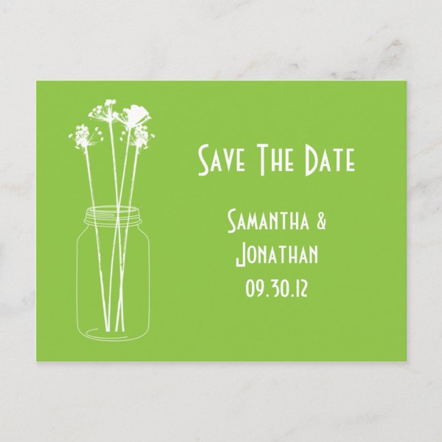 Spring Green White Mason Jar Wildflowers Announcement Postcard (Front)
