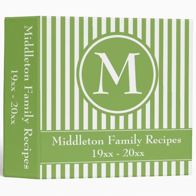 Spring Greenery and White Stripes Monogram Recipe Binder (Front/Spine)