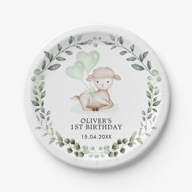 Spring Greenery Baby Lamb 1st Birthday Party Paper Plate (Front)