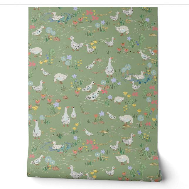 Spring greens duck pond Tissue Paper Wallpaper (Unrolling)