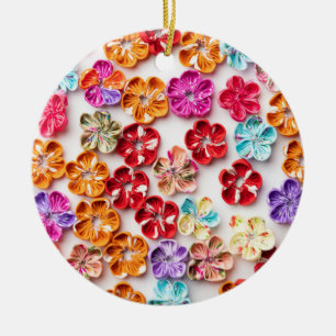 Spring Handmade sewn fabric Flowers Multicolor Ceramic Ornament
