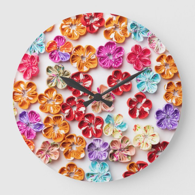 Spring Handmade sewn fabric Flowers Multicolor  Large Clock (Front)