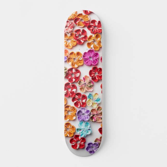 Spring Handmade sewn fabric Flowers Multicolor  Skateboard (Front)