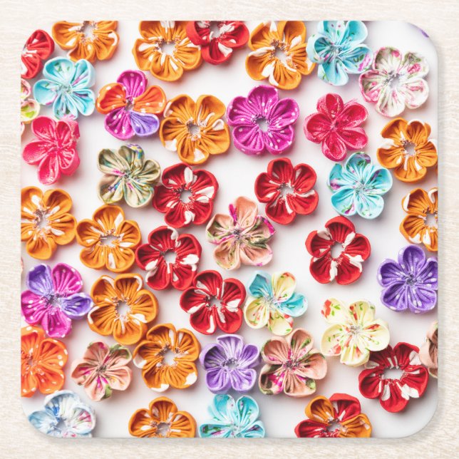 Spring Handmade sewn fabric Flowers Multicolor  Square Paper Coaster (Front)