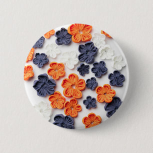 Spring handmade sewn fabric flowers orange blue 2 inch round button