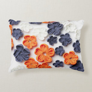 Spring handmade sewn fabric flowers orange blue  accent pillow