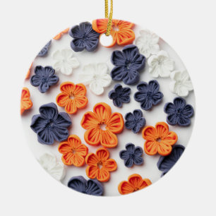 Spring handmade sewn fabric flowers orange blue ceramic ornament