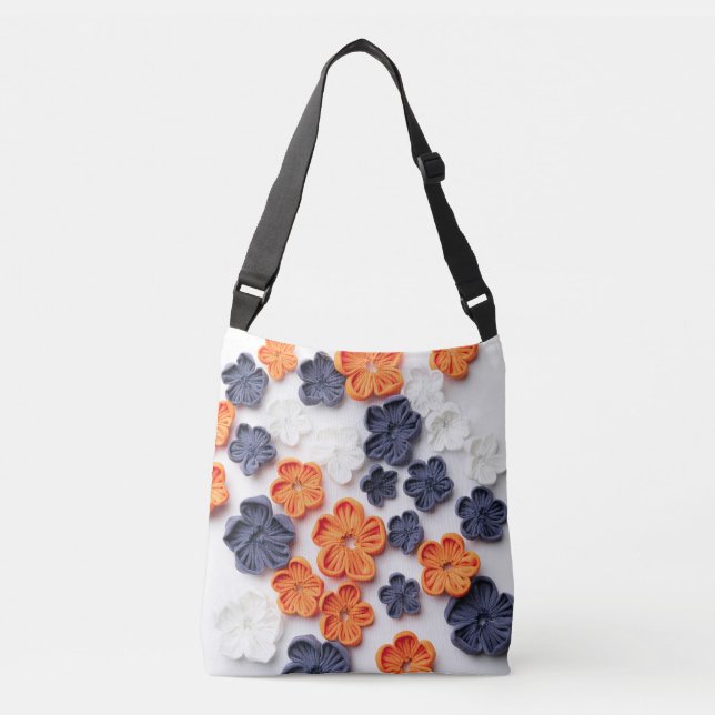 Spring handmade sewn fabric flowers orange blue  crossbody bag (Front)