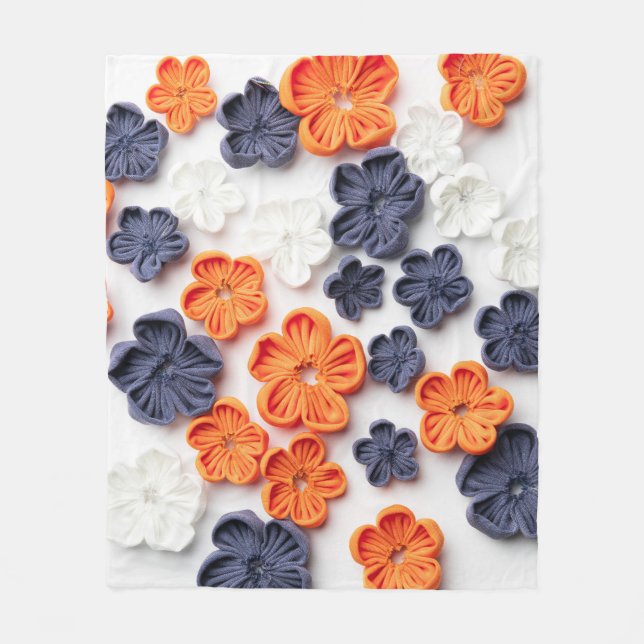 Spring handmade sewn fabric flowers orange blue  fleece blanket (Front)