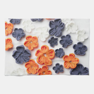 Spring handmade sewn fabric flowers orange blue  kitchen towel