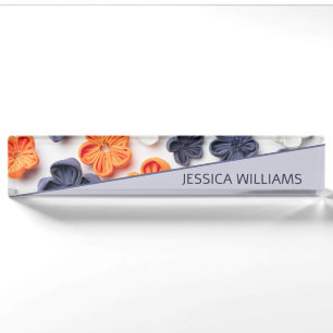 Spring handmade sewn fabric flowers orange blue nameplate
