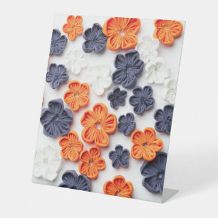 Spring handmade sewn fabric flowers orange blue  pedestal sign