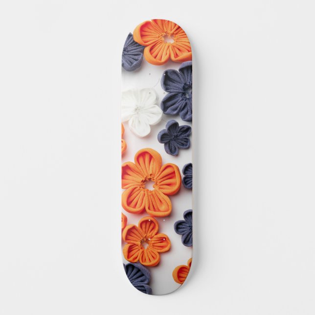 Spring handmade sewn fabric flowers orange blue  skateboard (Front)