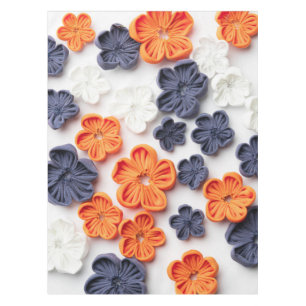 Spring handmade sewn fabric flowers orange blue  tablecloth