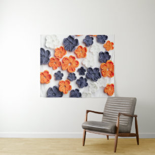 Spring handmade sewn fabric flowers orange blue tapestry