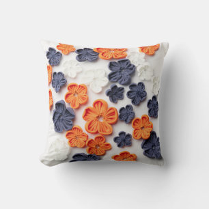 Spring handmade sewn fabric flowers orange blue  throw pillow