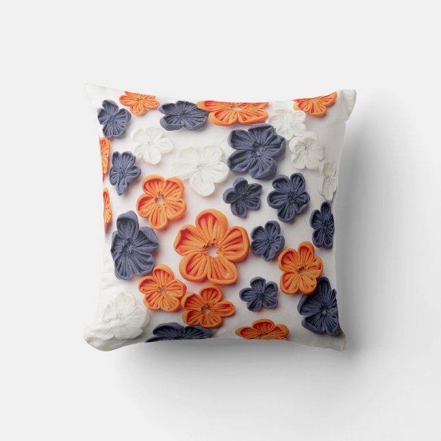 Spring handmade sewn fabric flowers orange blue  throw pillow (Front)