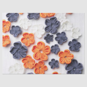 Spring handmade sewn fabric flowers orange blue tissue paper