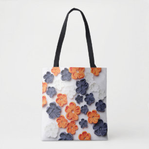 Spring handmade sewn fabric flowers orange blue  tote bag