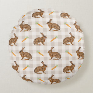 Spring Hare And Carrot Rustic Beige Gingham Easter Round Pillow