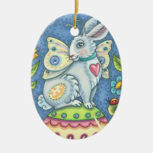 SPRING HARE, HAPPY EASTER EGG RABBIT FAIRY CERAMIC ORNAMENT
