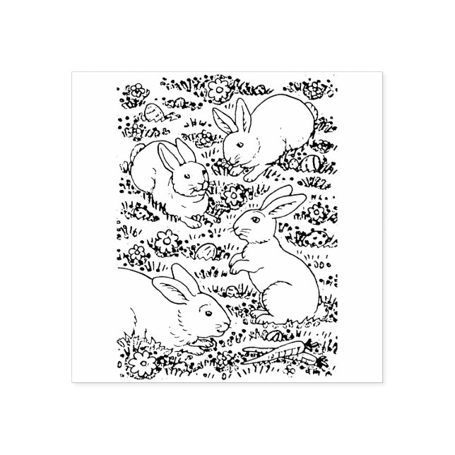 SPRING HARES, EASTER EGGS, BUNNIES IN MEADOW Cute Rubber Stamp (Imprint)