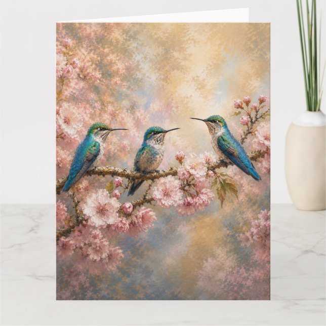 Spring Harmony, Hummingbirds Among Cherry Blossoms Card (Front)