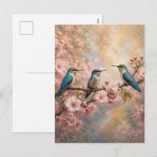 Spring Harmony, Hummingbirds Among Cherry Blossoms Holiday Postcard
