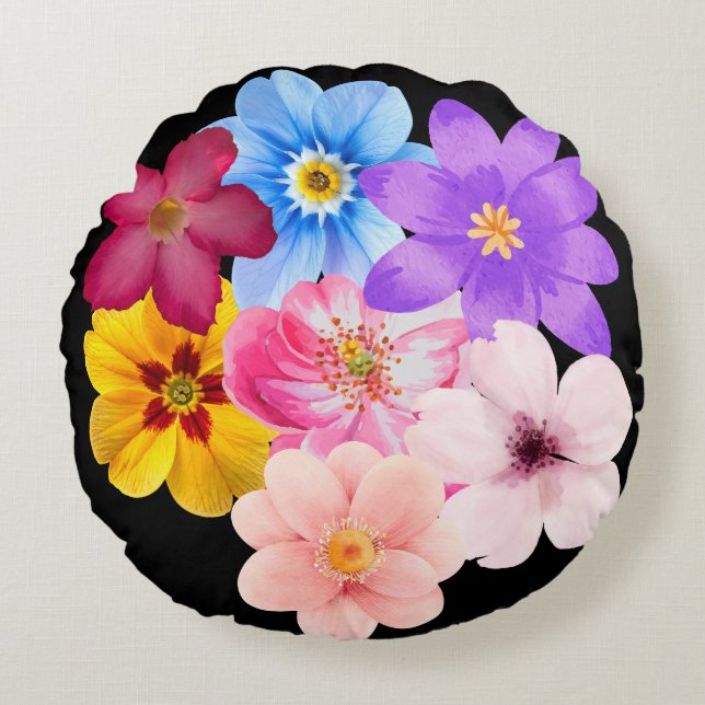 Spring Harmony - Mixed Watercolor Flower Bouquet Round Pillow (Front)