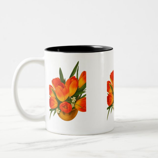 Spring Harmony – Orange & Yellow Tulips Two-Tone Coffee Mug (Left)