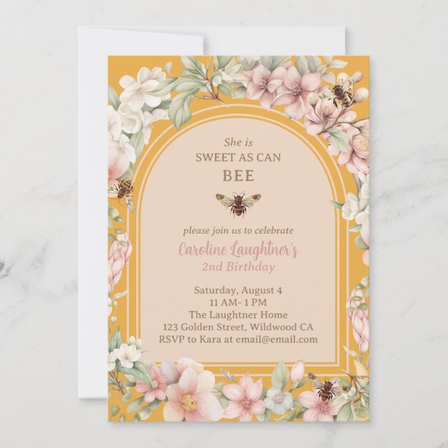 Spring Honey Bee Wildflower Second Birthday Invitation (Front)