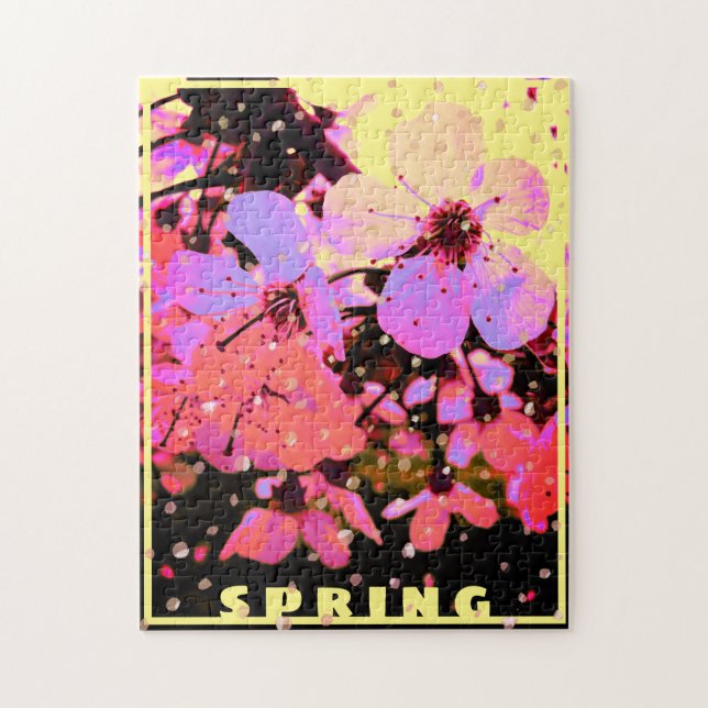 Spring Hot Pink Cherry Blossom on Yellow Jigsaw Puzzle (Vertical)