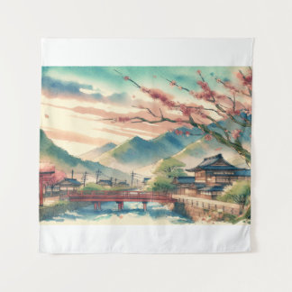 Spring in a Japanese Village Watercolor Landscape Tapestry
