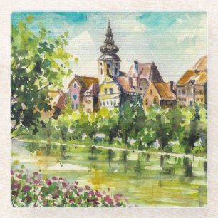 Spring in small city on the river glass coaster