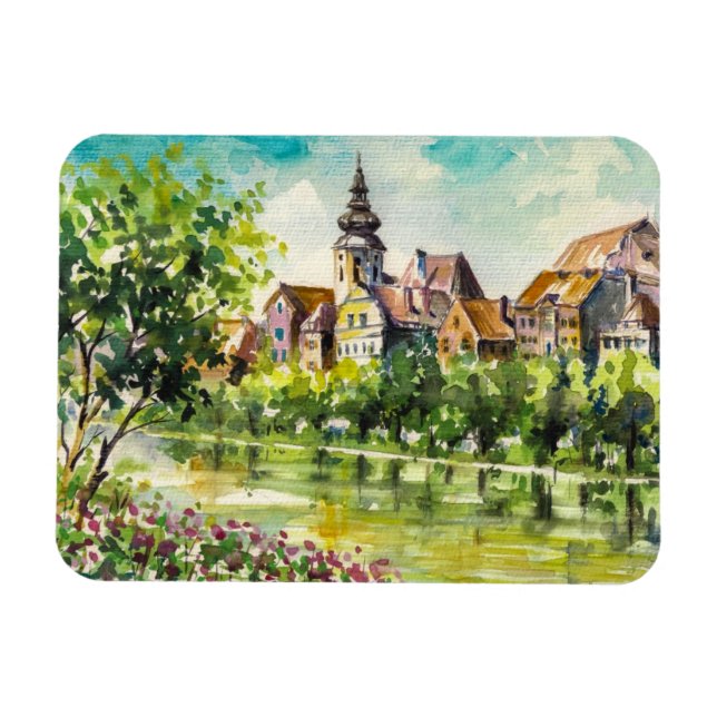 Spring in small city on the river magnet (Horizontal)