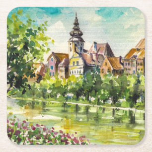 Spring in small city on the river square paper coaster