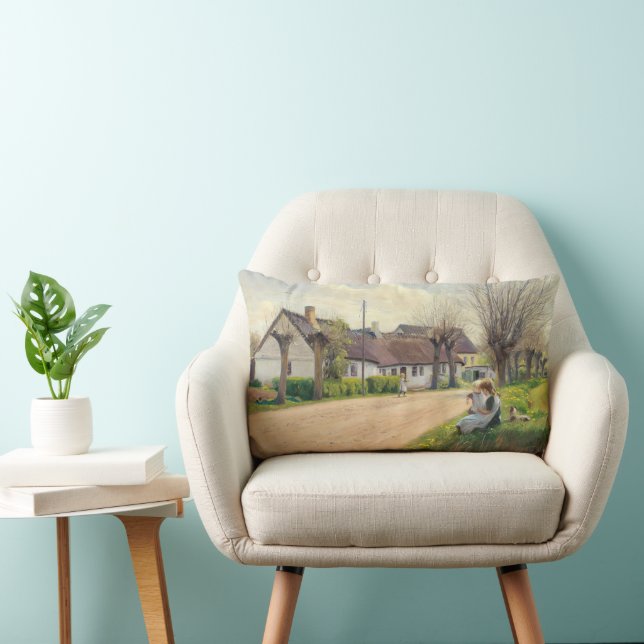 Spring in the village with girls on the roadside lumbar pillow (Chair)