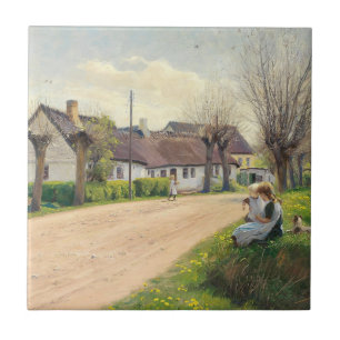 Spring in the village with girls on the roadside tile