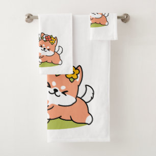 Spring Into Cuteness – Adorable Dog Illustration  Bath Towel Set