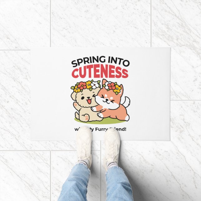 Spring Into Cuteness – Adorable Dog Illustration  Doormat (Indoor)