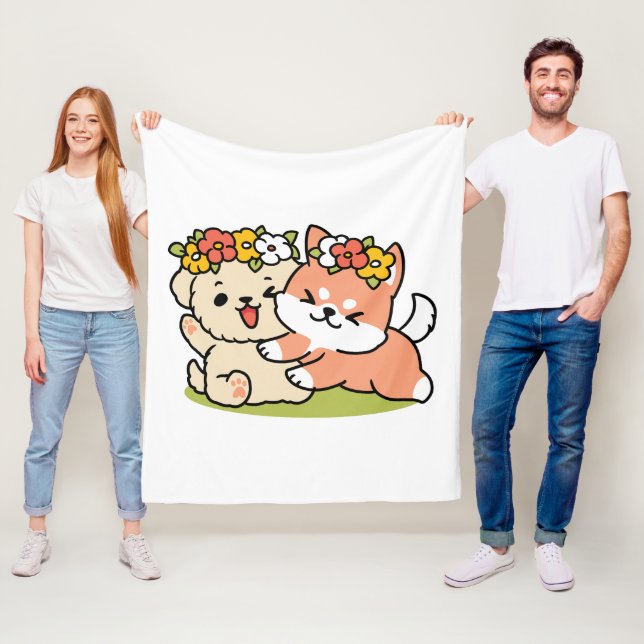 Spring Into Cuteness – Adorable Dog Illustration  Fleece Blanket (In Situ)