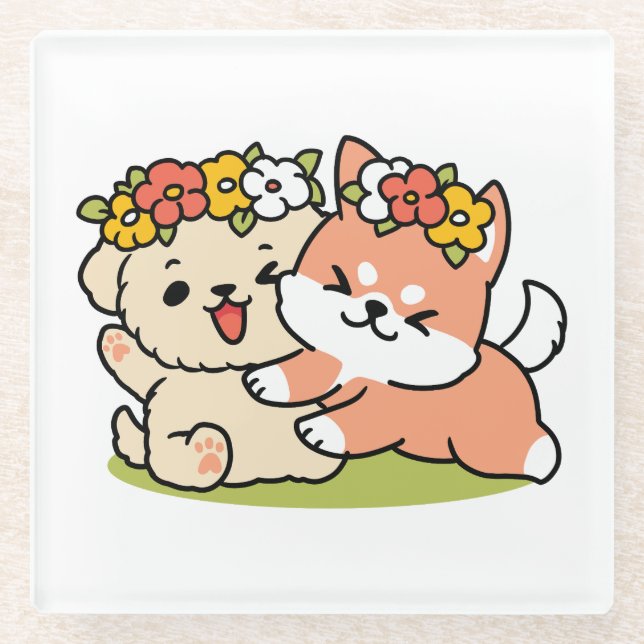 Spring Into Cuteness – Adorable Dog Illustration  Glass Coaster (Front)