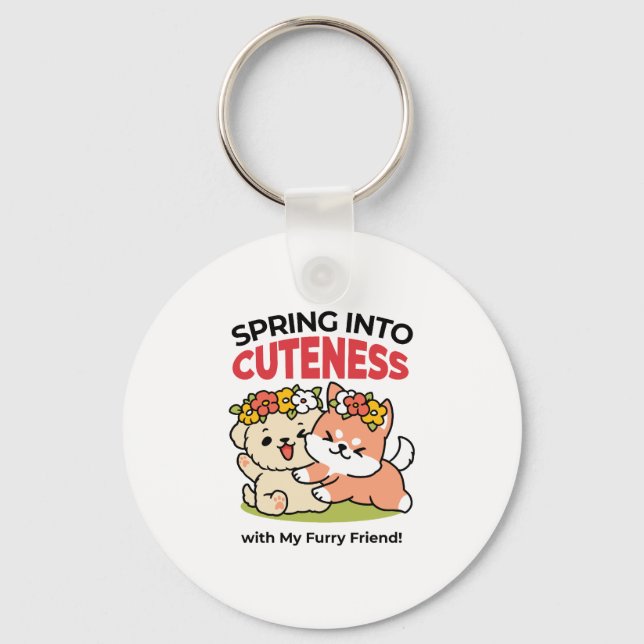 Spring Into Cuteness – Adorable Dog Illustration  Keychain (Front)