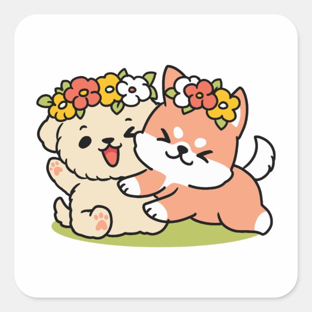 Spring Into Cuteness – Adorable Dog Illustration  Square Sticker (Front)