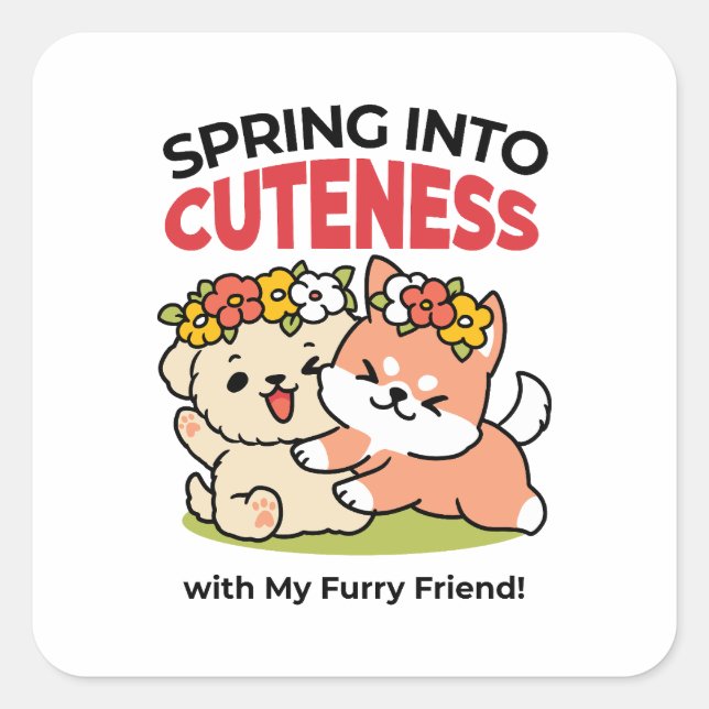 Spring Into Cuteness – Adorable Dog Illustration  Square Sticker (Front)