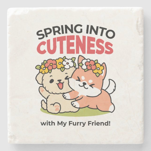 Spring Into Cuteness – Adorable Dog Illustration  Stone Coaster (Front)