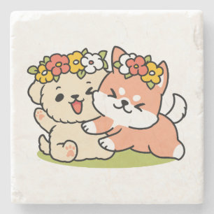 Spring Into Cuteness – Adorable Dog Illustration  Stone Coaster